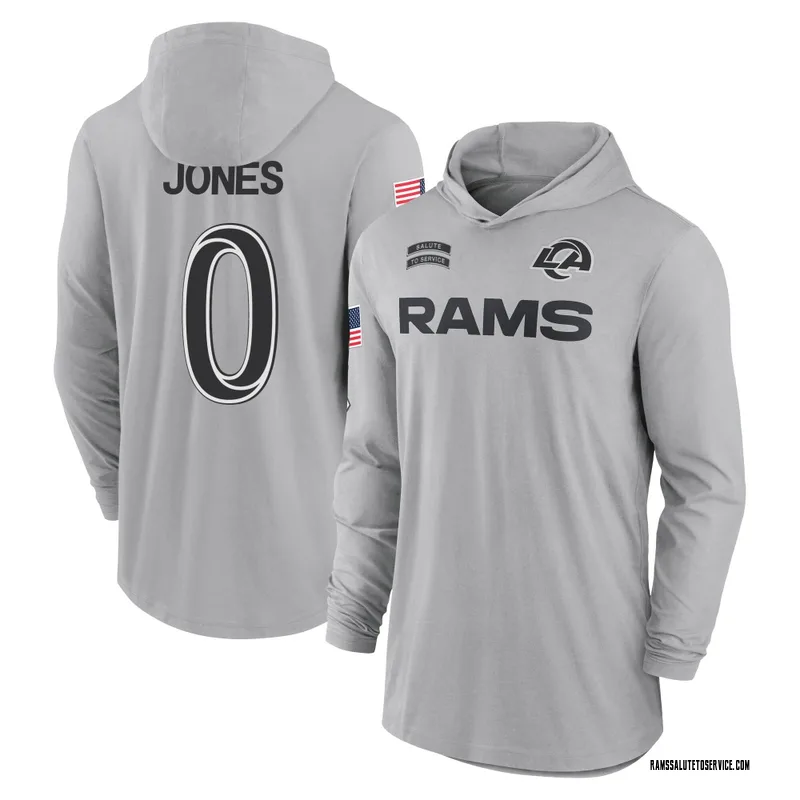 Men's Rohan Jones Los Angeles Rams Gray 2024 Salute to Service Lightweight Performance Long Sleeve Hooded T-Shirt