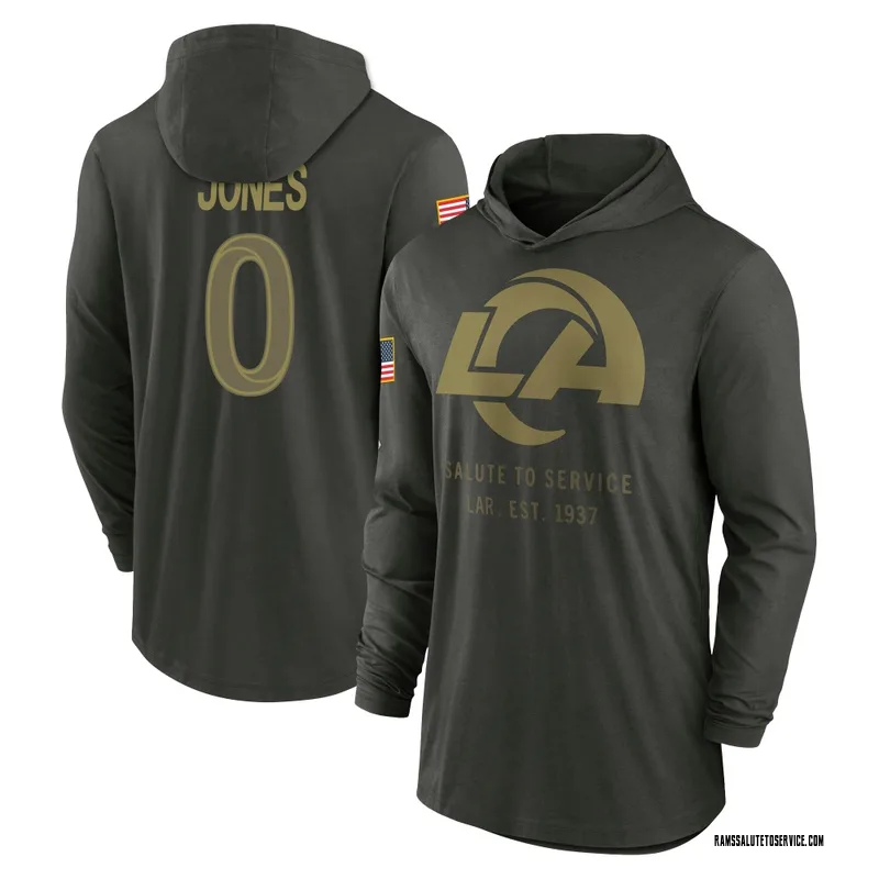 Men's Rohan Jones Los Angeles Rams Green Forest/ 2025 Salute to Service Sideline Lightweight Hooded Pullover Long Sleeve T-Shirt